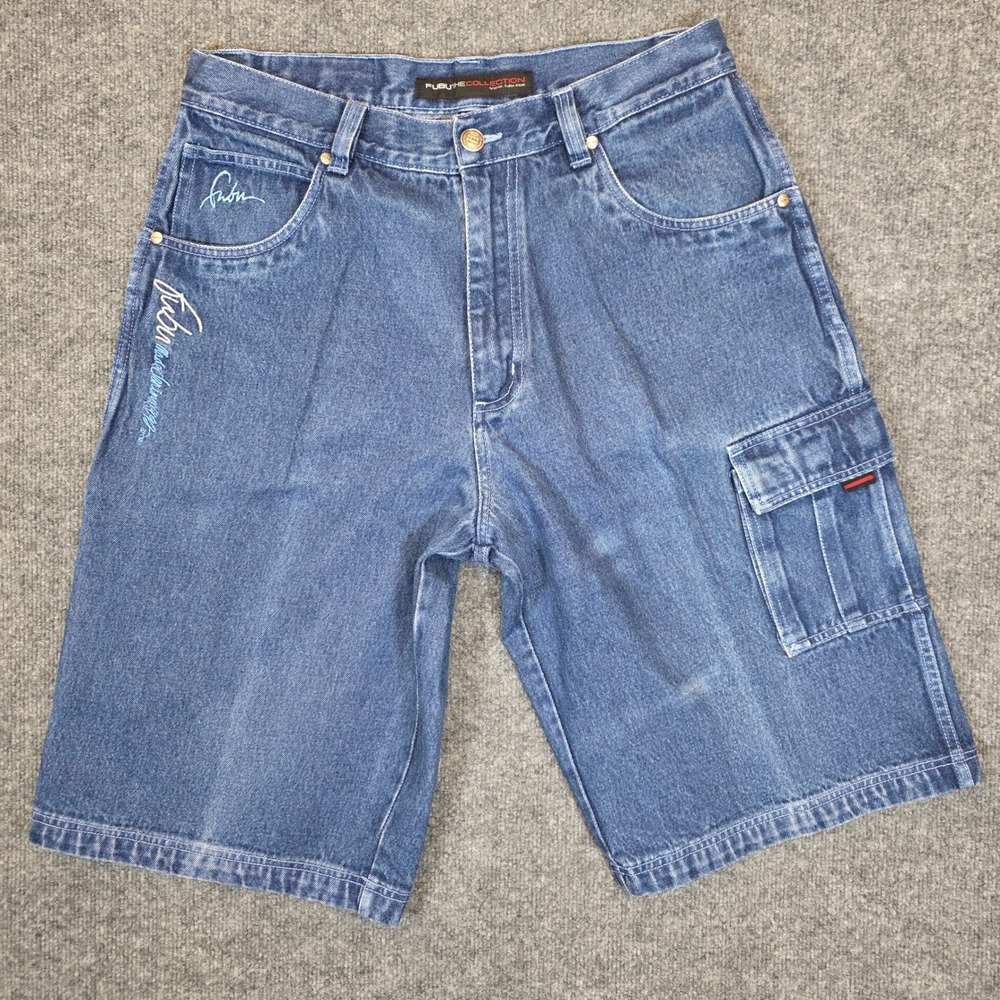 VTG FUBU Denim Carpenter Cargo Shorts Mens 32 Blue Baggy Embroidered Hip Hop 90s